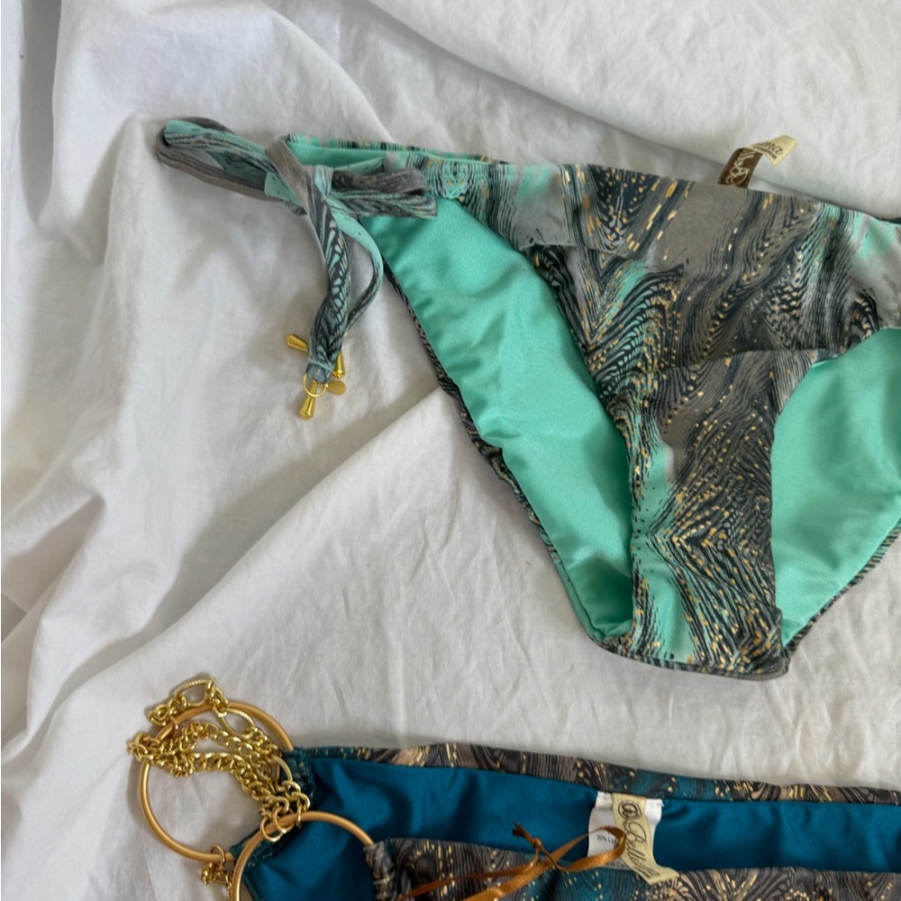 Bellissima Luxury Bikini Bottoms Teal & Bronze Feather Print Side Tie Size L NEW - Picture 9 of 16
